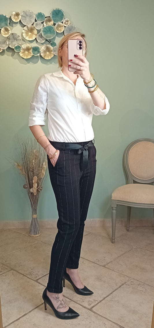 Pantalon rayé noir argent